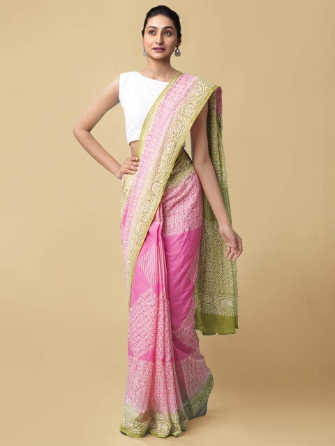 

Unnati Silks Pink & Olive Green Pure Cotton Kota Saree