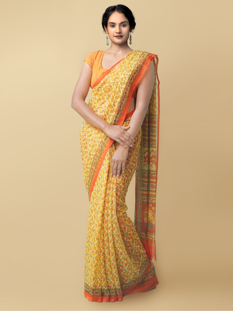 

Unnati Silks Yellow & Orange Woven Design Block Print Saree