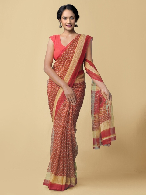 

Unnati Silks Red & Tan Floral Block Print Saree
