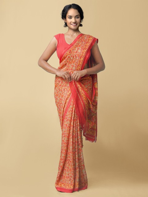 

Unnati Silks Red & Orange Ethnic Motifs Block Print Saree
