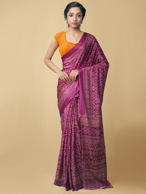 

Unnati Silks Purple & White Bandhani Saree