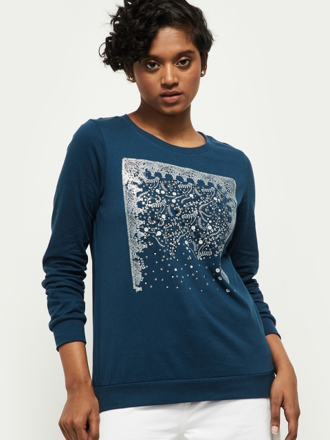 

max Women Teal Blue Printed Pure Cotton Sweatshirt