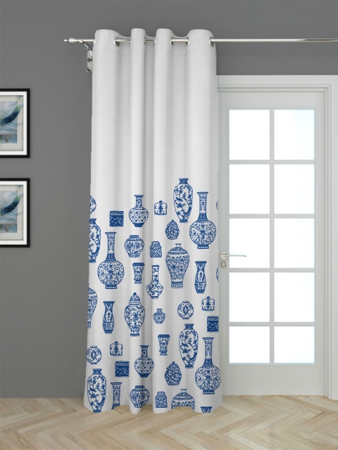 

HOUZZCODE Blue & White Deco Pots Printed Black Out Long Door Curtain