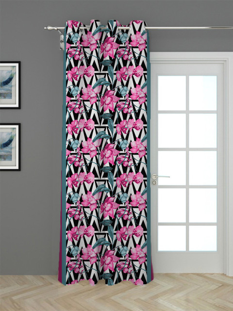 

HOUZZCODE Black & White Floral Black Out Long Door Curtain