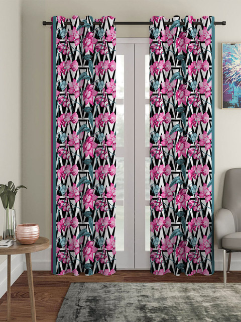

HOUZZCODE Black & Pink Set of 2 Floral Black Out Long Door Curtains