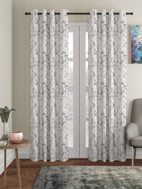 

HOUZZCODE Set of 2 Gold-Toned & Grey Geometric Black Out Long Door Curtain