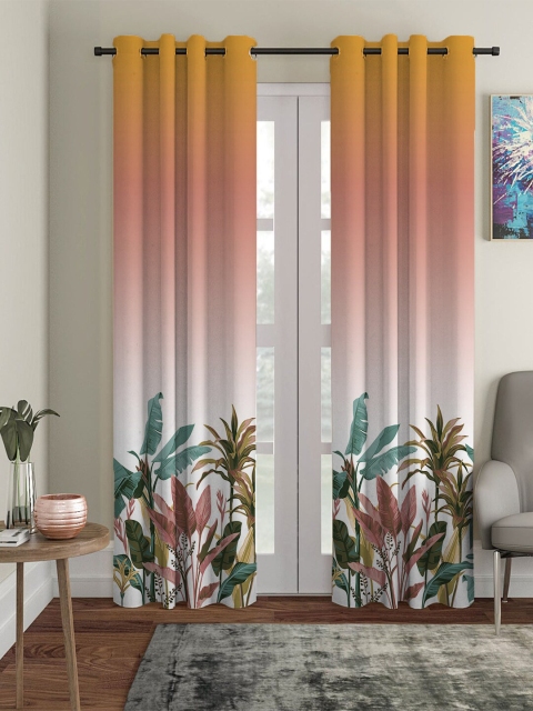 

HOUZZCODE Set of 2 Orange & Green Floral Black Out Long Door Curtain