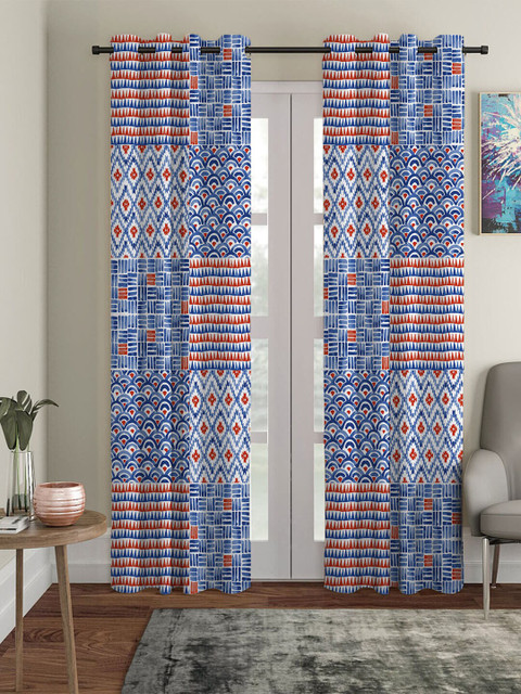 

HOUZZCODE Set of 2 Blue & Red Geometric Black Out Long Door Curtain