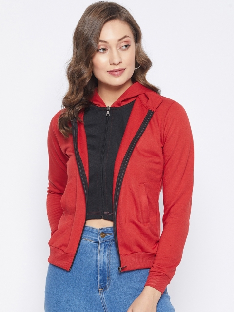 

PURYS Women Red Tailored Dual Zipper Hooded Jacket With Attached Inner