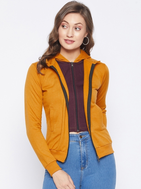 

PURYS Women Mustard Yellow Sporty Dual Zipper Hooded Jacket With Attached Inner