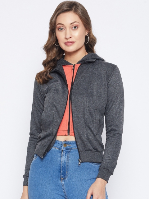 

PURYS Women Grey Crop Dual Zipper Bomber Jacket With Attached Inner