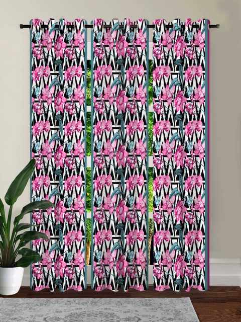 

HOUZZCODE Black & Purple Set of 3 Floral Printed Black Out Long Door Curtain
