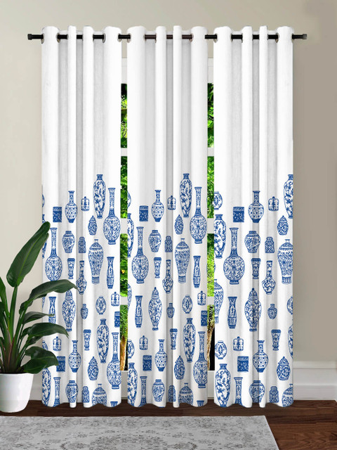 

HOUZZCODE Blue & White Set of 3 Printed Black Out Long Door Curtain