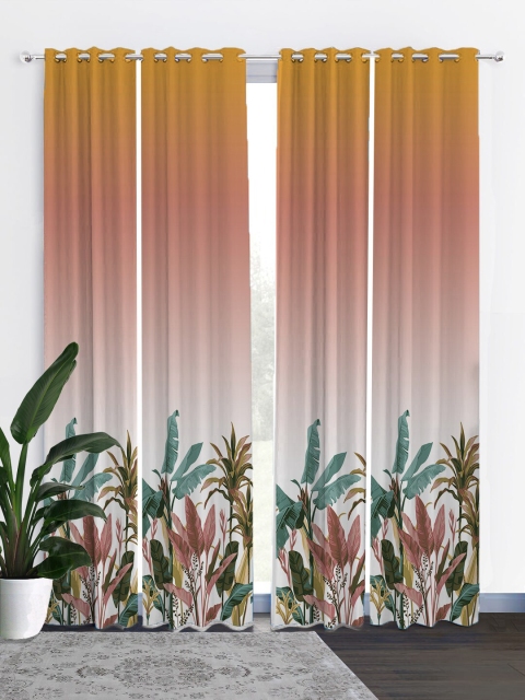 

HOUZZCODE Orange & Green Set of 4 Floral Black Out Long Door Curtain