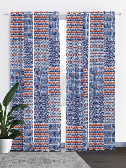 

HOUZZCODE Set of 4 Blue & Red Geometric Black Out Long Door Curtain