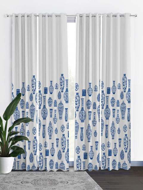 

HOUZZCODE Blue & White Set of 4 Black Out Long Door Curtain