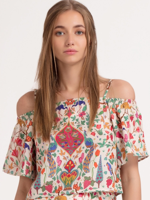 

SHAYE Cream-Coloured Floral Modal Satin Bardot Top