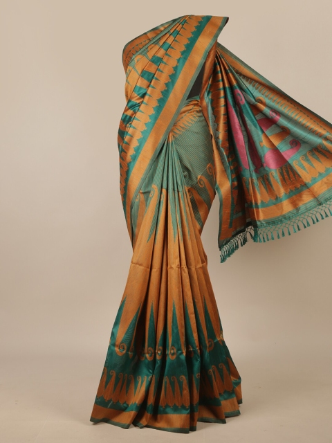 

Pothys Mustard & Teal Ethnic Motifs Jute Silk Saree