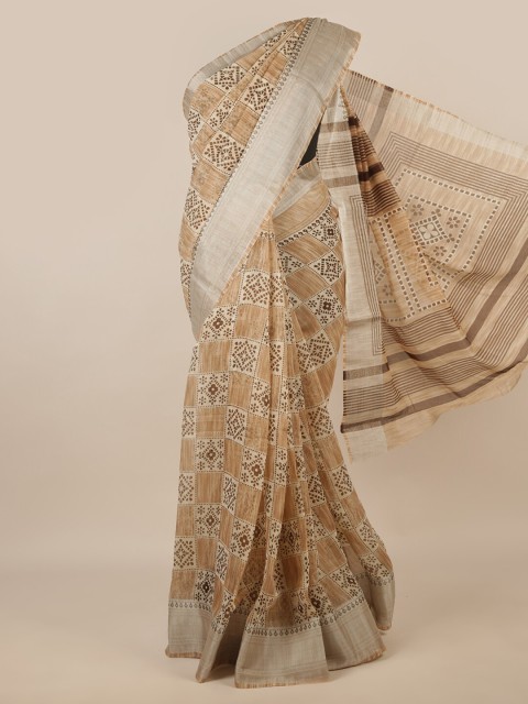 

Pothys Cream-Coloured & Brown Geometric Printed Zari Saree