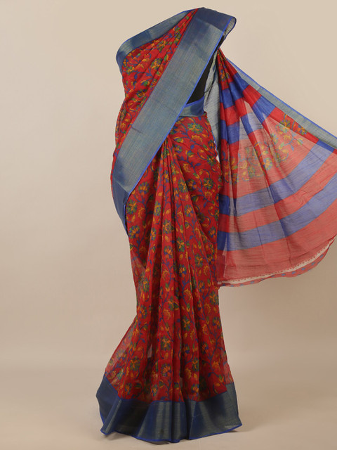 

Pothys Maroon & Blue Floral Printed Zari Saree