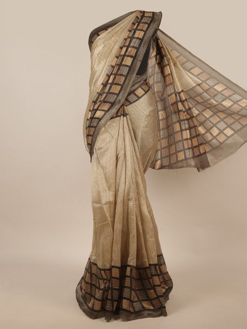 

Pothys Cream-Coloured & Brown Cotton Blend Saree