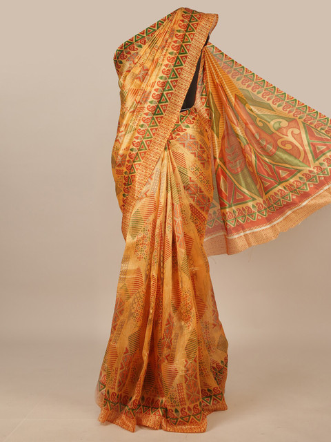 

Pothys Orange & Green Ethnic Motifs Printed Zari Saree