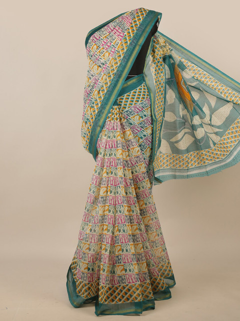 

Pothys Cream-Coloured & Teal Ethnic Motifs Printed Zari Saree