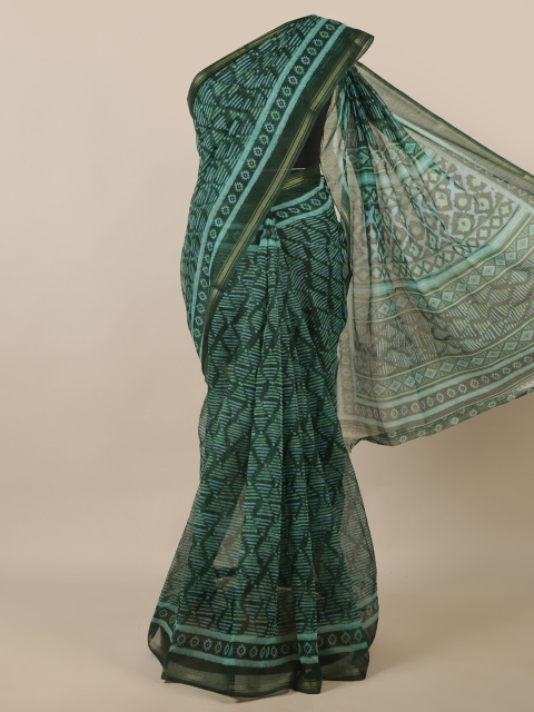 

Pothys Teal & Gold-Toned Printed Zari Border Saree