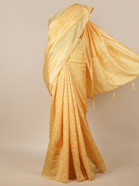 

Pothys Yellow Floral Printed Beads and Stones Zari Border Saree