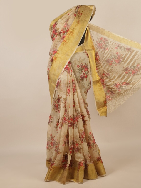 

Pothys Cream-Coloured & Red Floral Zari Saree