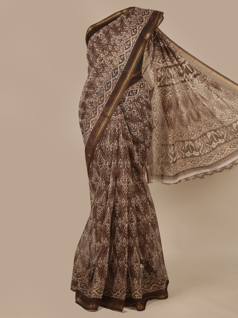 

Pothys Brown & White Ethnic Motifs Printed Zari Saree