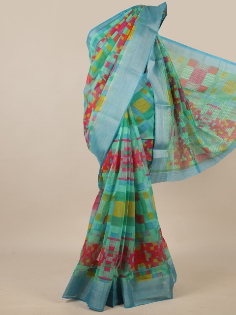 

Pothys Blue & Silver-Toned Printed Zari Border Saree