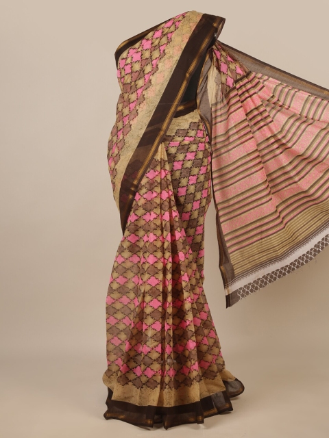 

Pothys Cream-Coloured & Brown Zari Cotton Blend Saree