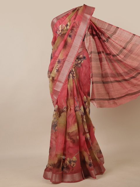 

Pothys Pink & Silver-Toned Floral Zari Border Saree
