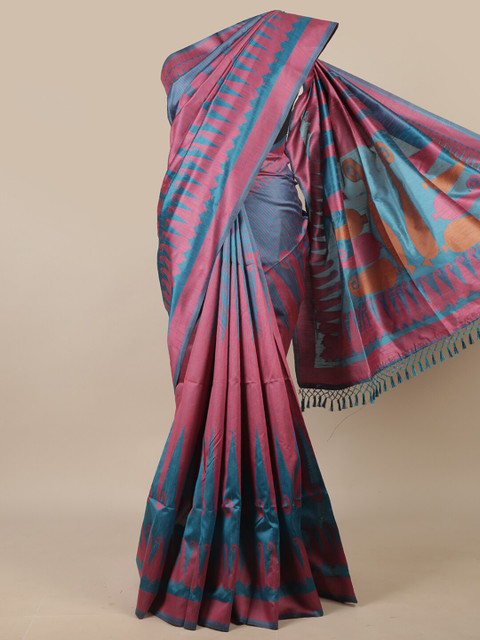 

Pothys Teal & Pink Printed Jute Silk Saree