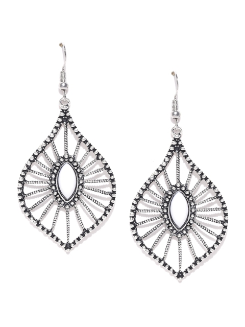 

ToniQ Oxidised Silver-Toned & Off-White Cut-Out Drop Earrings