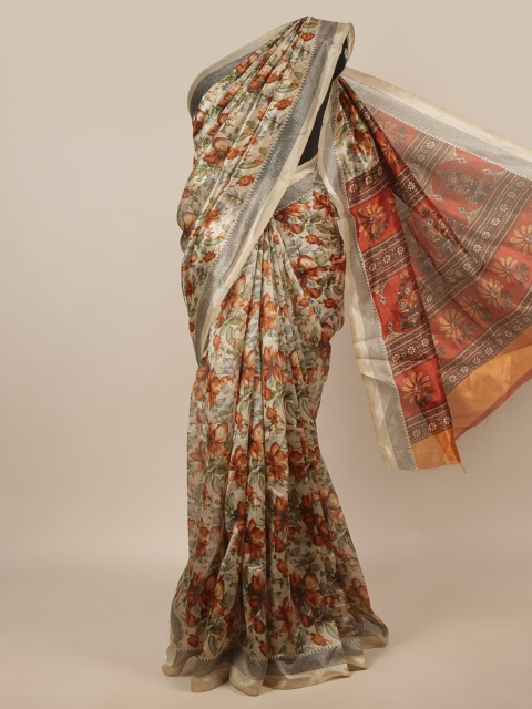 

Pothys Cream-Coloured & Green Ethnic Motifs Saree