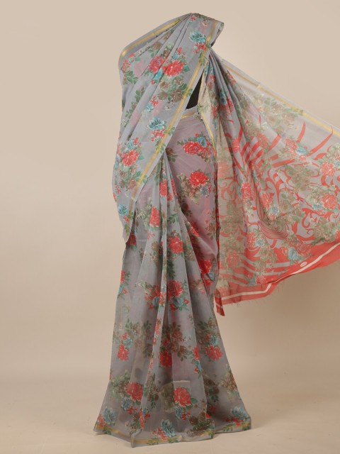 

Pothys Grey & Gold-Toned Floral Zari Saree