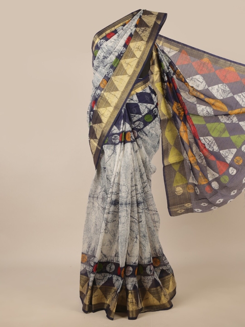 

Pothys Off White & Navy Blue Batik Zari Saree