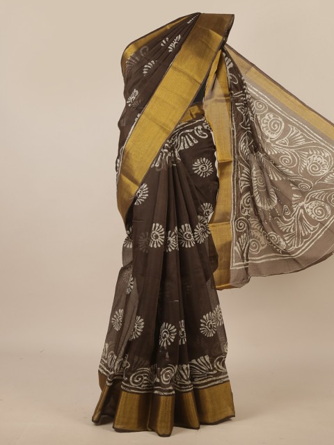 

Pothys Brown & White Ethnic Motifs Printed Zari Saree