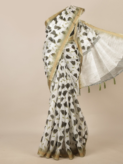 

Pothys White & Green Floral Zari Saree