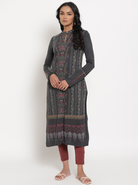 

W Women Grey Ethnic Motifs Keyhole Neck Thread Work Kurta