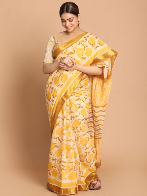 

Indethnic Off White & Yellow Zari Pure Cotton Saree