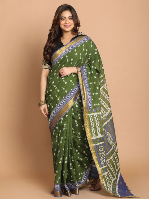 

Indethnic Green & Gold-Toned Zari Pure Cotton Saree