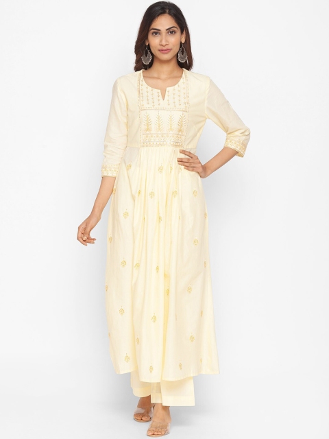 

ZOLA Women Yellow Ethnic Motifs Embroidered Pleated Pure Cotton Kurta with Palazzos