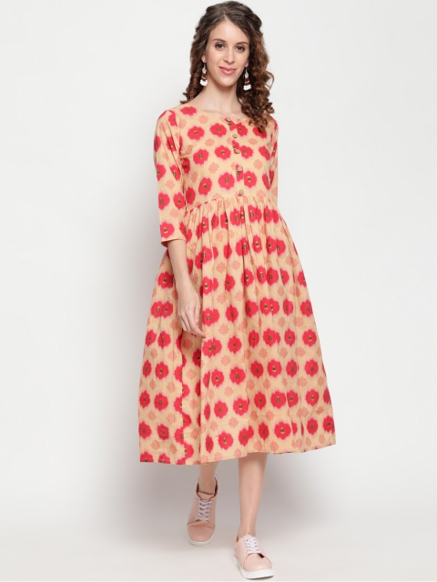 

THE NKS PLUS Red & Beige Ethnic Motifs Cotton Midi Dress