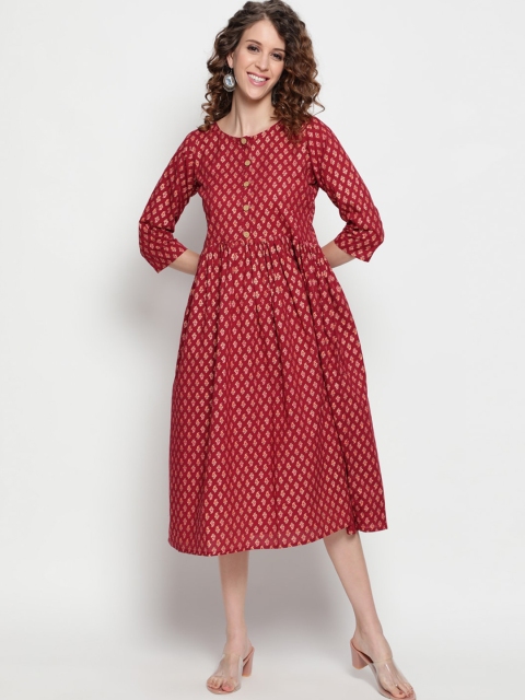 

THE NKS PLUS Maroon Ethnic Motifs Cotton Midi Dress