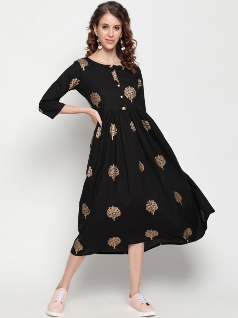 

THE NKS PLUS Black & Gold-Toned Ethnic Motifs Cotton Midi Dress