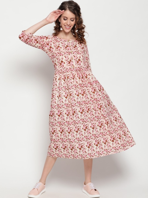 

THE NKS PLUS White & Pink Floral Cotton A-Line Midi Dress