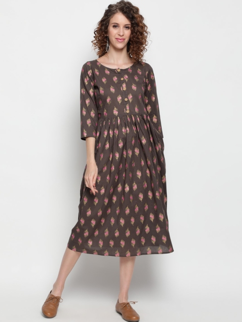 

THE NKS PLUS Brown Ethnic Motifs A-Line Midi Dress